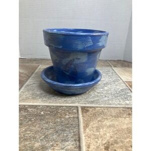 Blue Ceramic Plant Pot With Saucer Hand Painted Sailboat Design